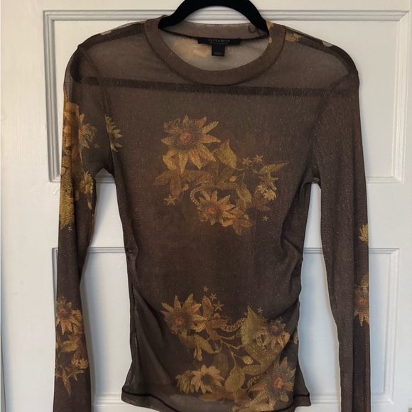 All Saints Tops - All Saints Sheer Brown Floral Long Sleeve Top